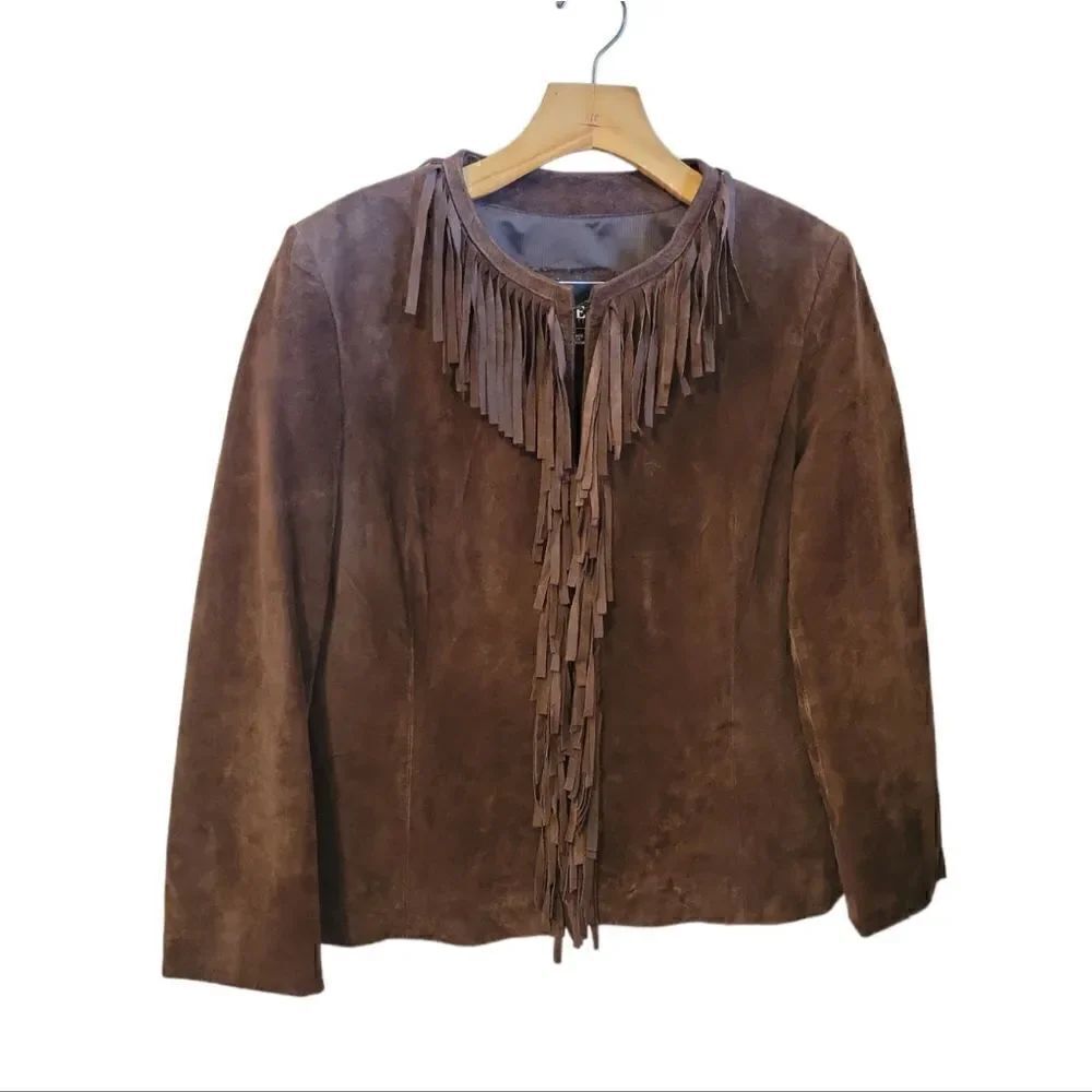 Vintage Adler Collection Brown Suede Leather Fringe Jacket Western Style L